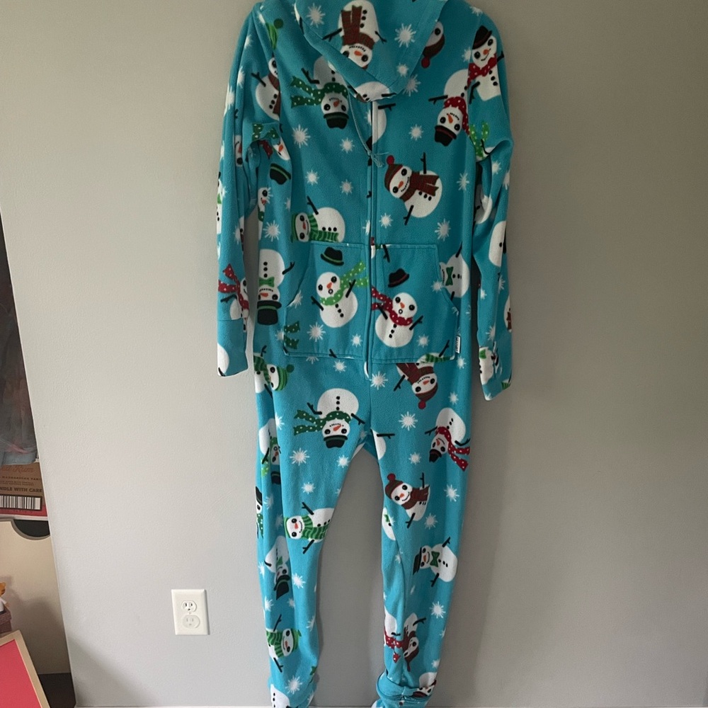 Adult Fleece Onesie Light Blue Snowman Print, Grippy Removable Feet